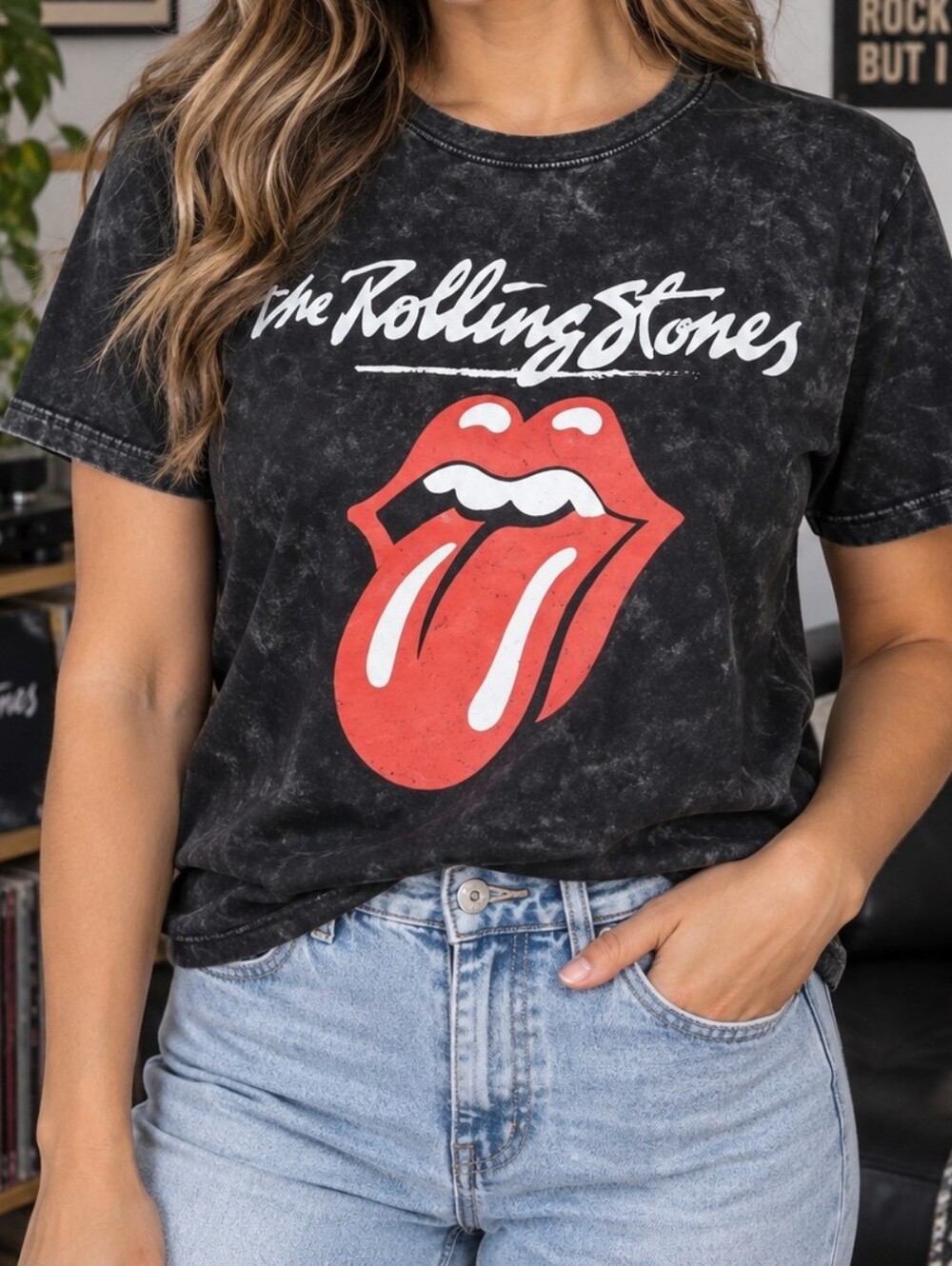 The Rolling Stones Black Stonewash Tongue Logo Graphic Tee M #2